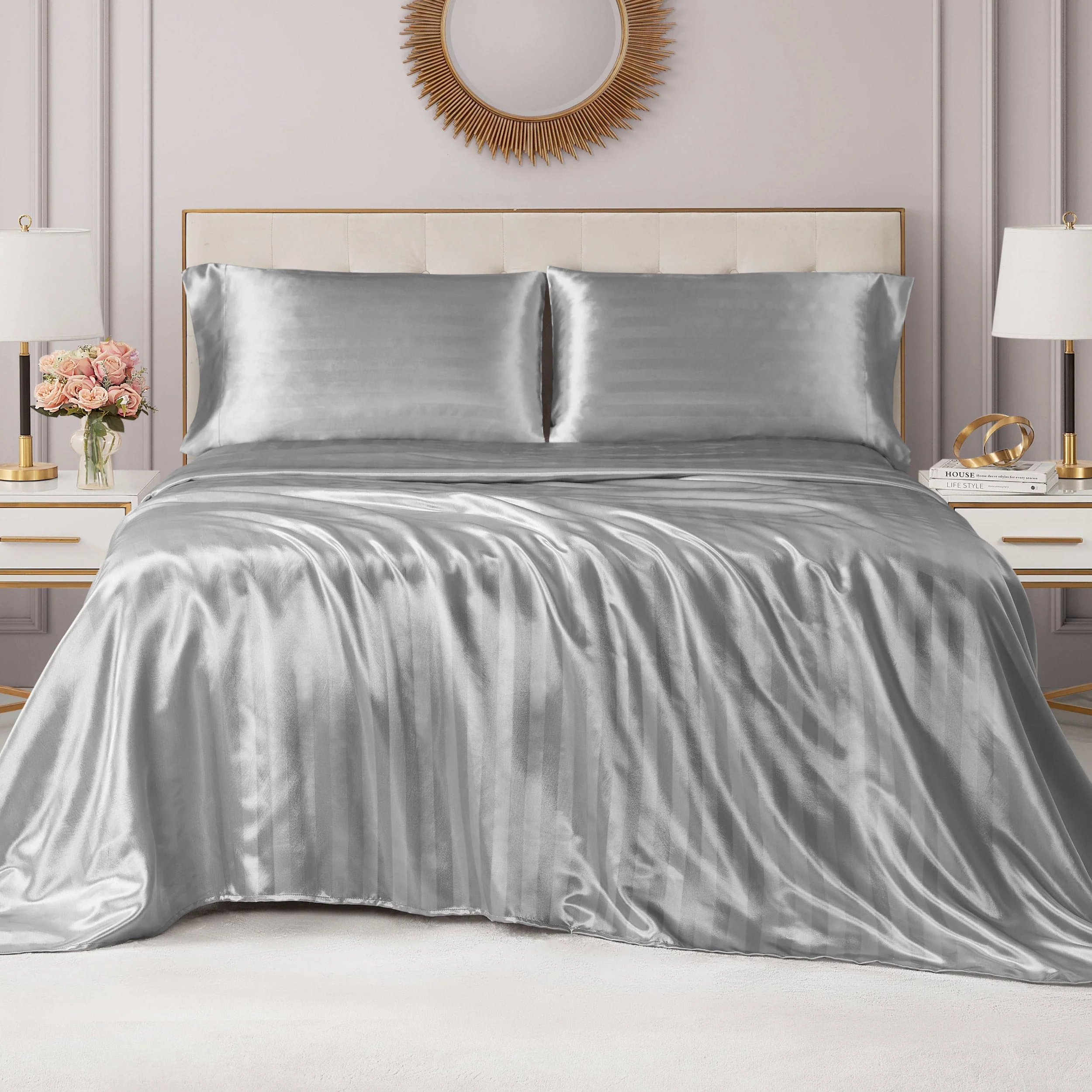 Damask Stripe Satin Sheet Set - Image 3