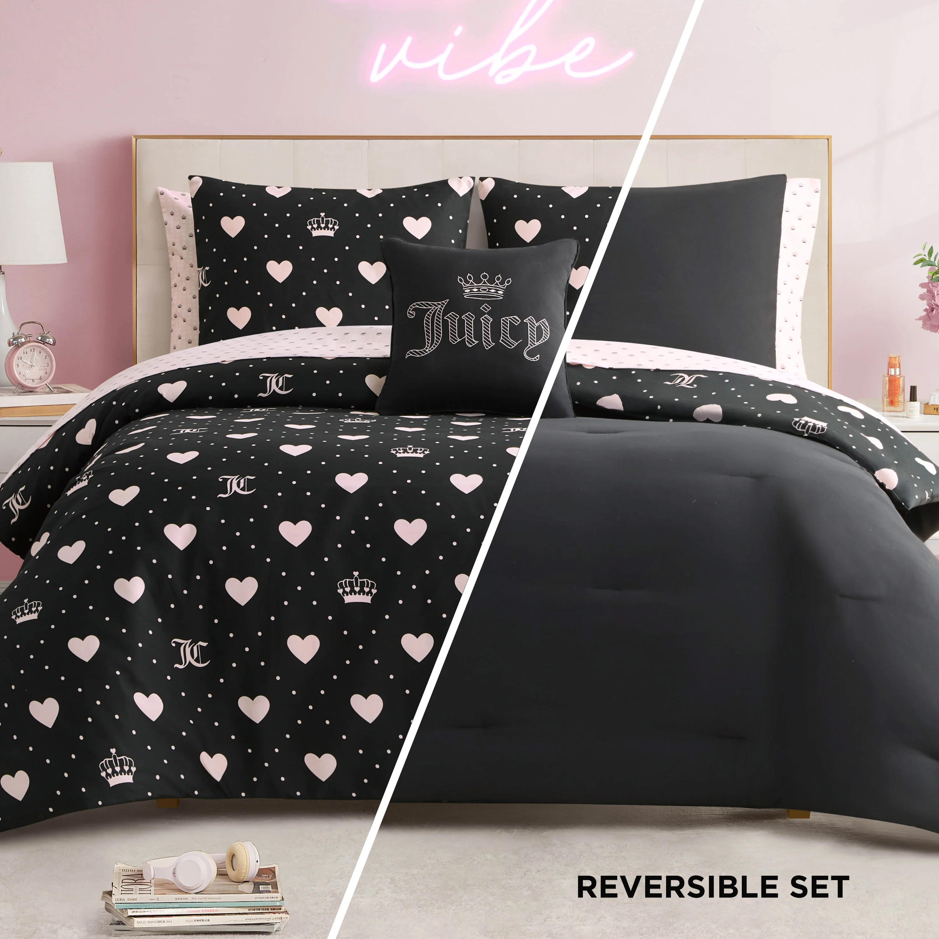 Diamond Hearts Black Comforter Bed in a Bag Bedding Set - Image 2