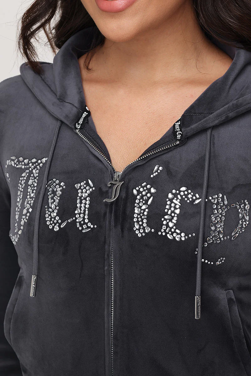 Front Mixed Crystals Velour Hoodie - Image 3