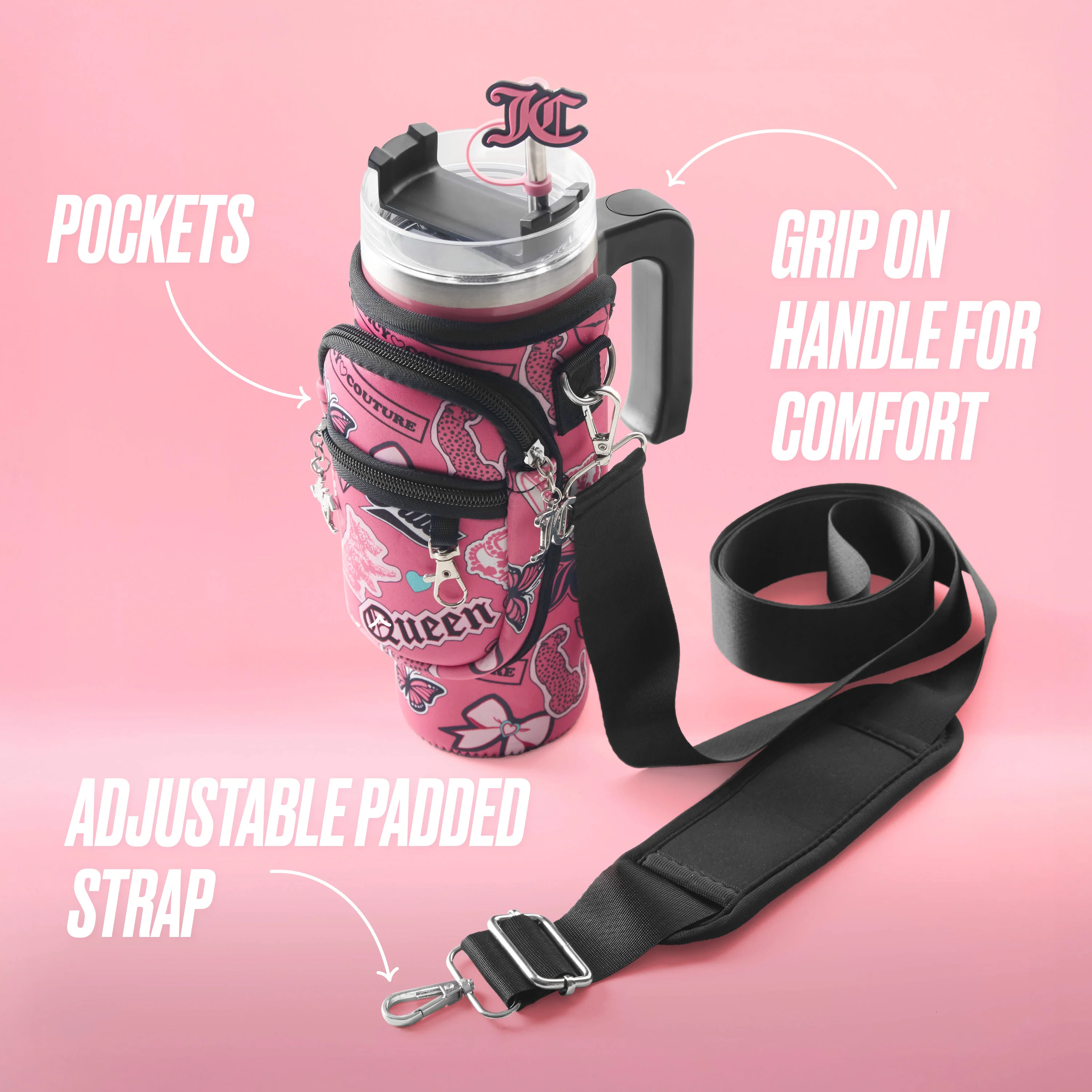 Jetsetter Hydration Stainless Steel Tumbler with Handle, Straw & Topper with Neoprene Crossbody Pouch - Image 3