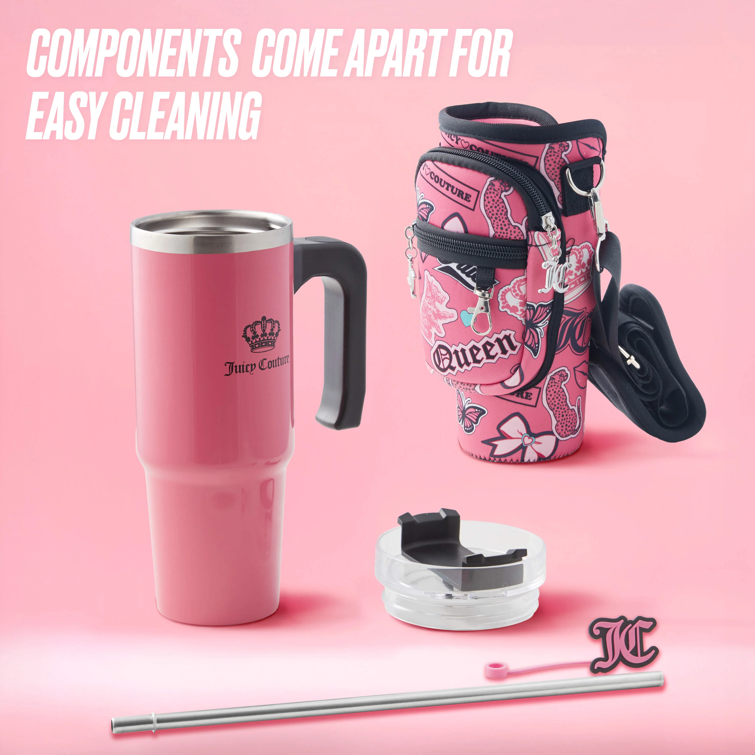 Jetsetter Hydration Stainless Steel Tumbler with Handle, Straw & Topper with Neoprene Crossbody Pouch - Image 4