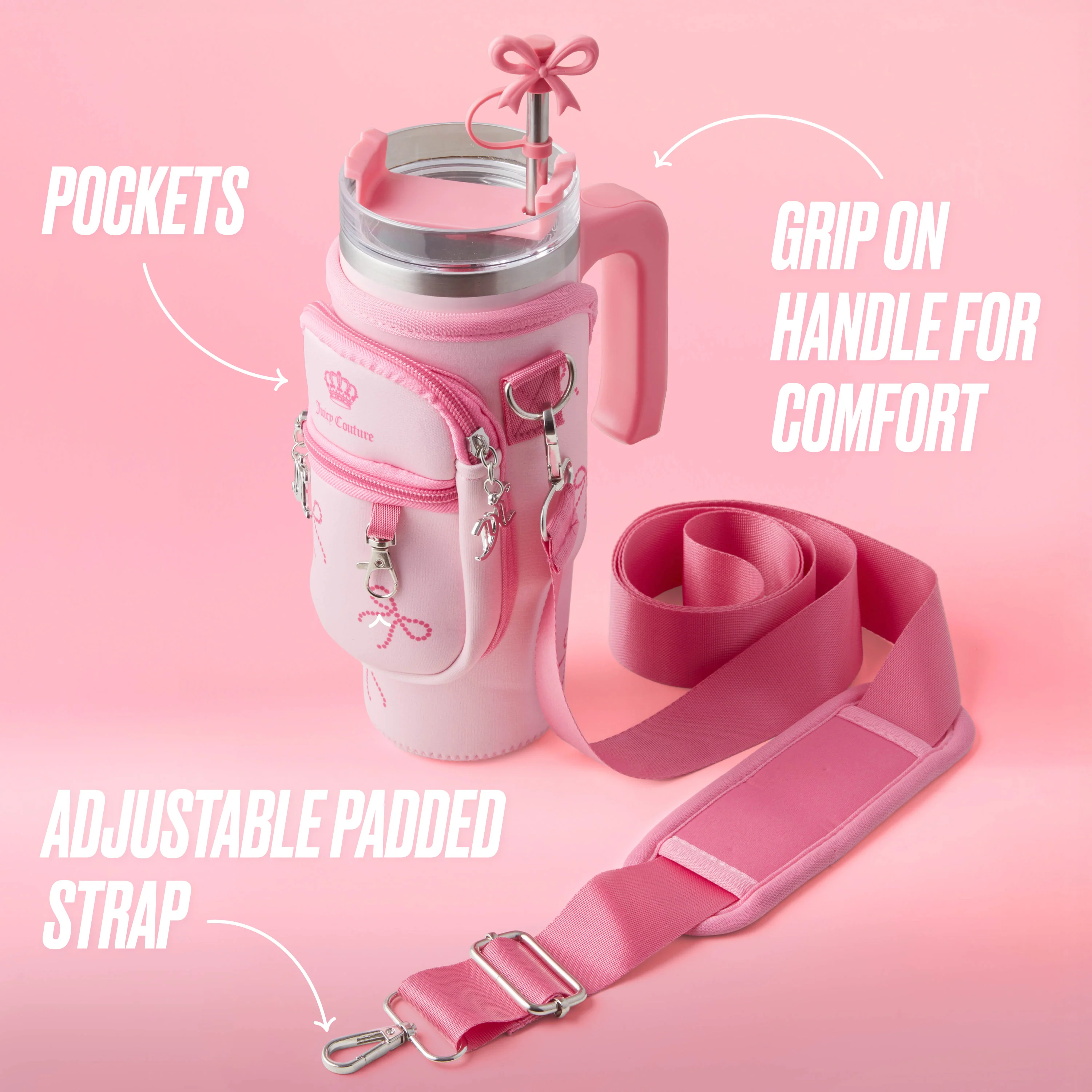 Jetsetter Hydration Stainless Steel Tumbler with Handle, Straw & Topper with Neoprene Crossbody Pouch - Image 3