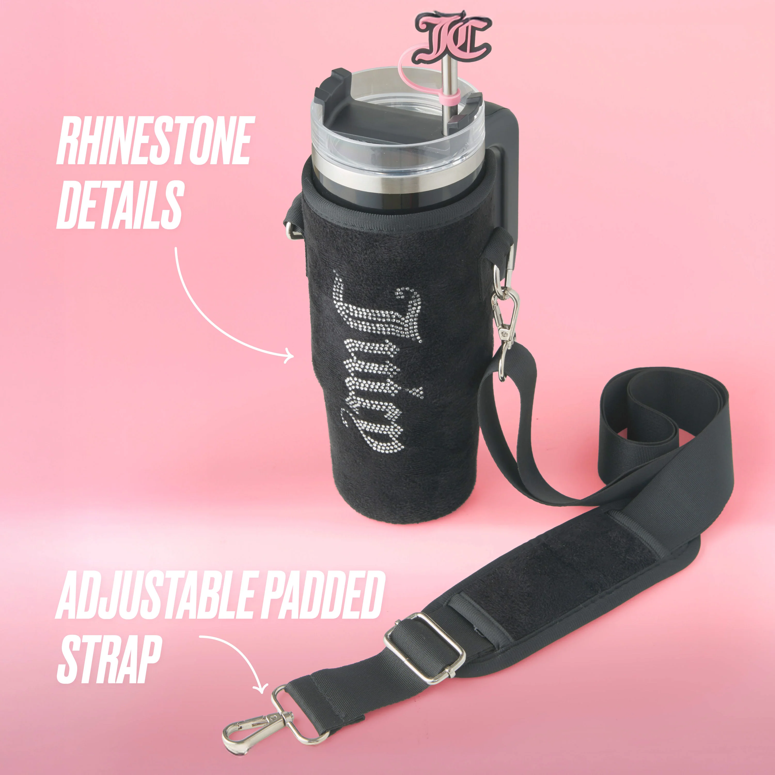 Jetsetter Hydration Stainless Steel Tumbler with Handle, Straw & Topper with Velour Crossbody Pouch - Image 3