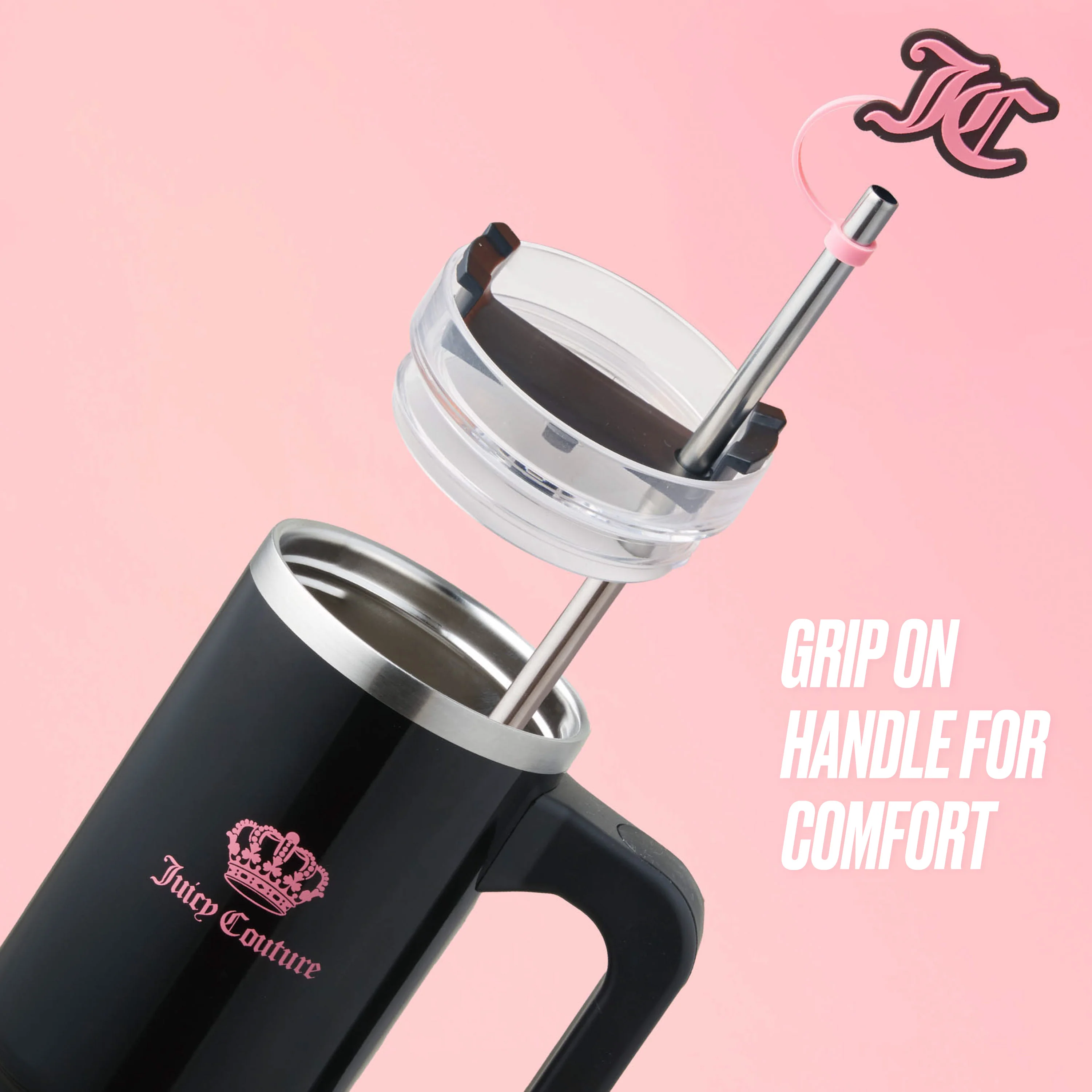 Jetsetter Hydration Stainless Steel Tumbler with Handle, Straw & Topper with Velour Crossbody Pouch - Image 4