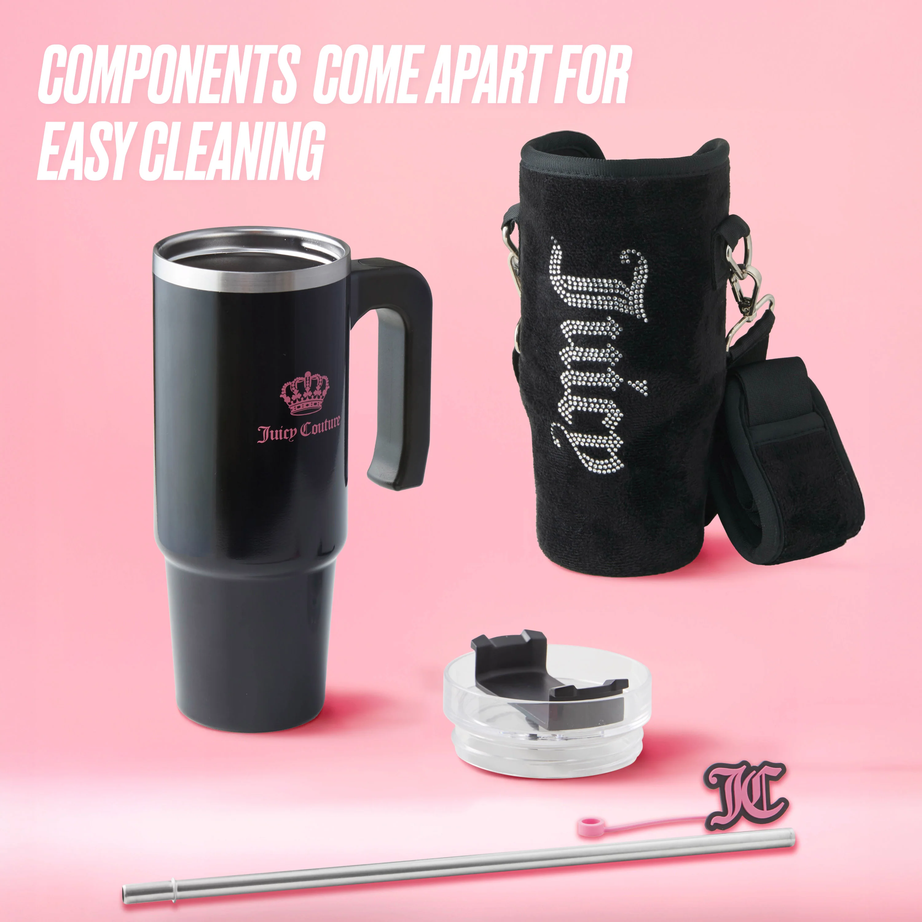Jetsetter Hydration Stainless Steel Tumbler with Handle, Straw & Topper with Velour Crossbody Pouch - Image 5