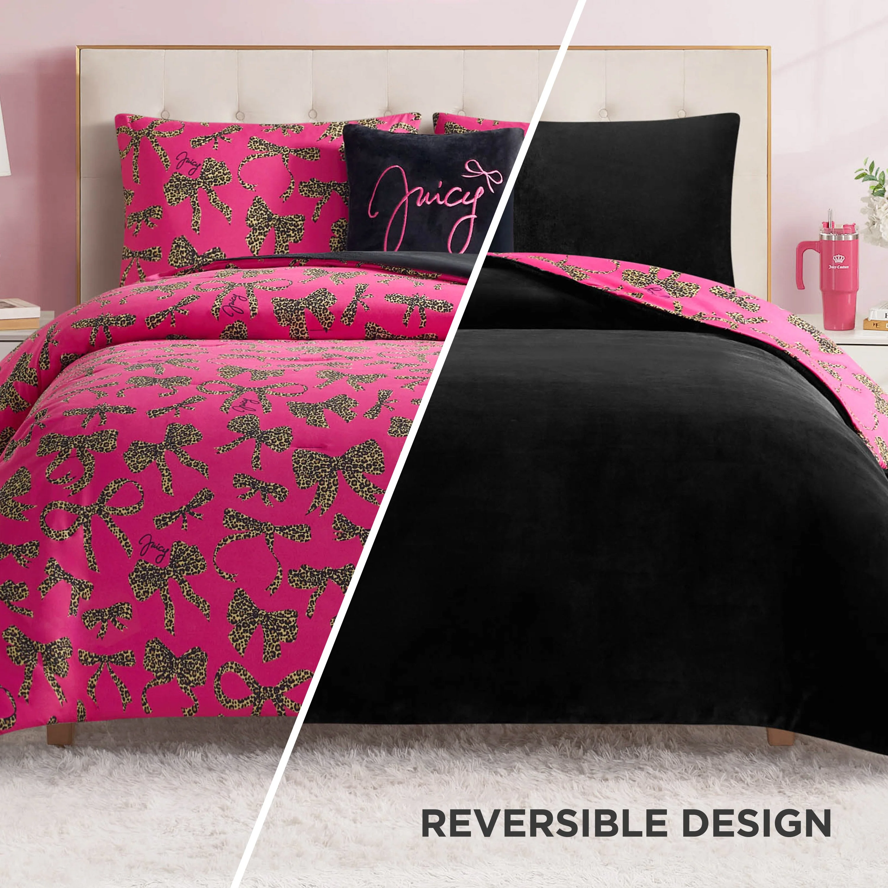 Solid Plush Reversible Cheetah Bows Comforter Set - Image 2